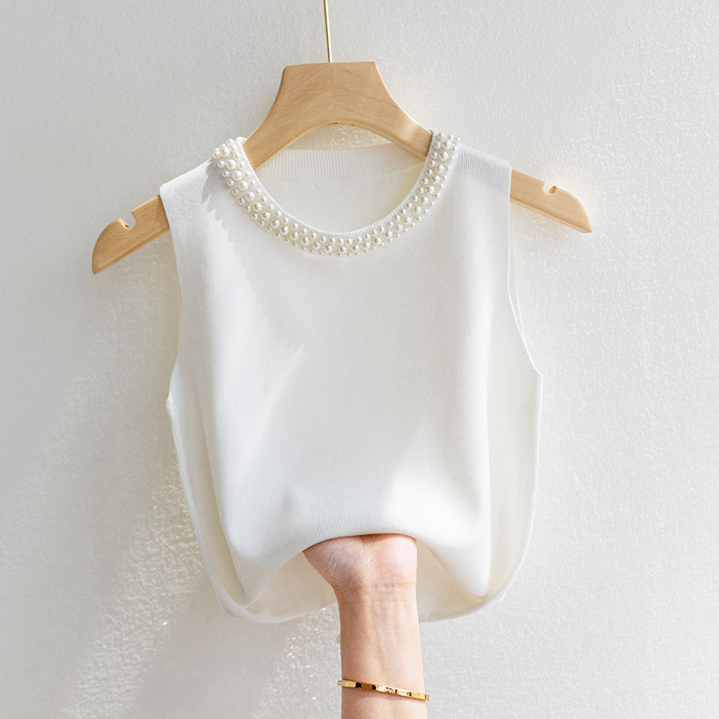 Women's Clothing Women's White Sleeveless Camisole Top For Spring And Summer, Paired With A Suit, Beaded Chanel Style Knitted Top