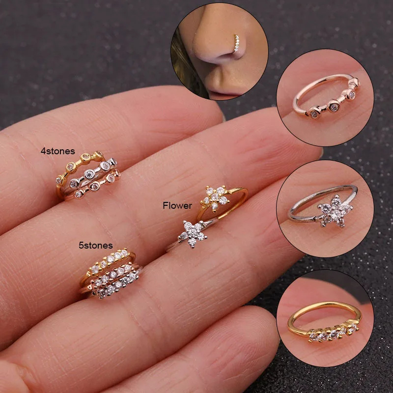 Unisex new style micro inlaid zircon nose ring female simple flower piercing ear bone ring popular earrings
