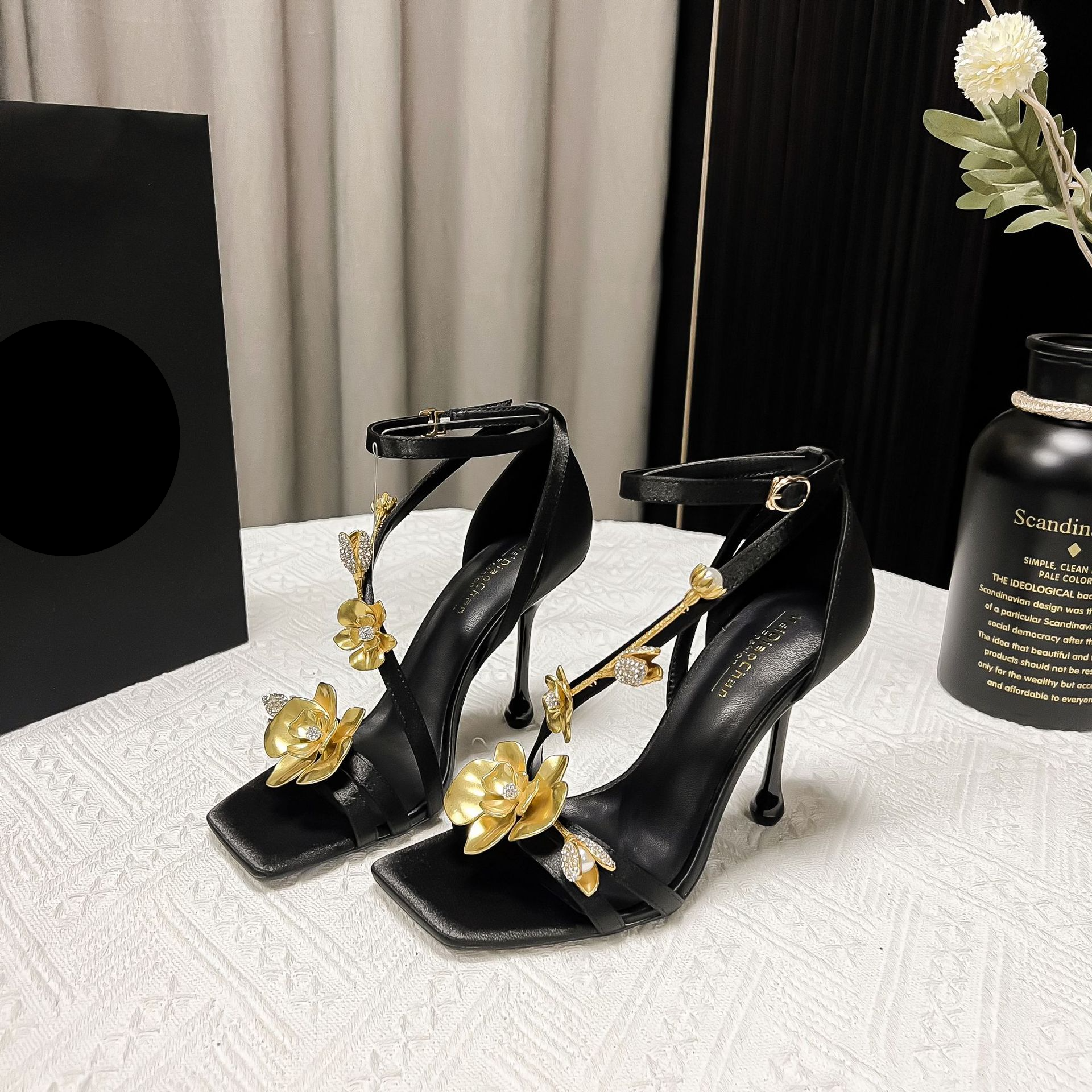 Women’s Shoes Rhinestone Sandals Metal Flower Buckle High Heels Square Toe Elegant High Heel Sandals