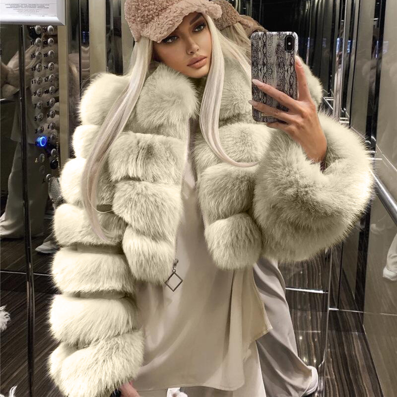 Women's Lapel faux fox fur short fake fur coat