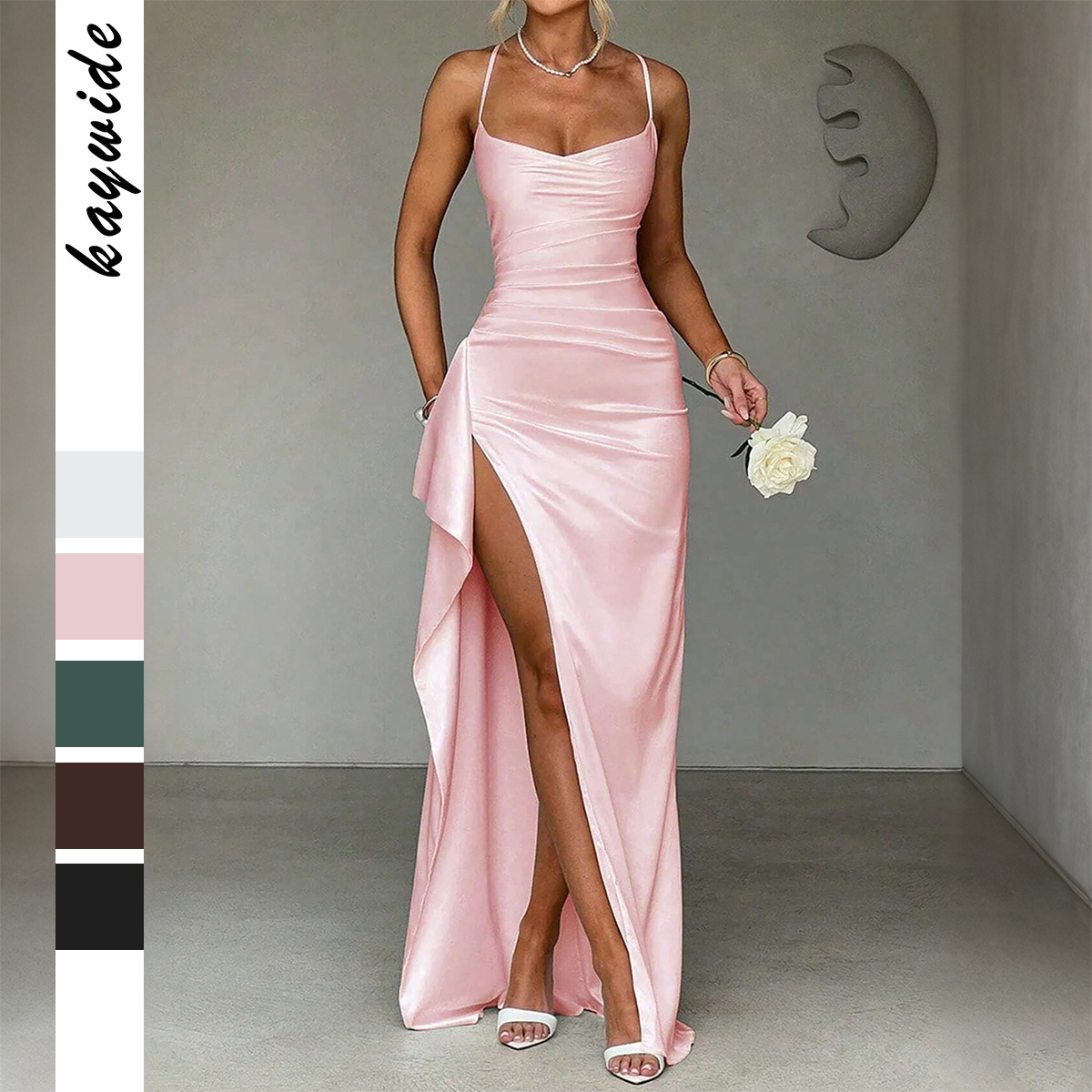 Satin-Slip-Bodycon-Kleid für Damen – Sexy V-Ausschnitt, langes A-Linien-Kleid mit Spaghettiträgern – Elegante und trendige Partykleidung