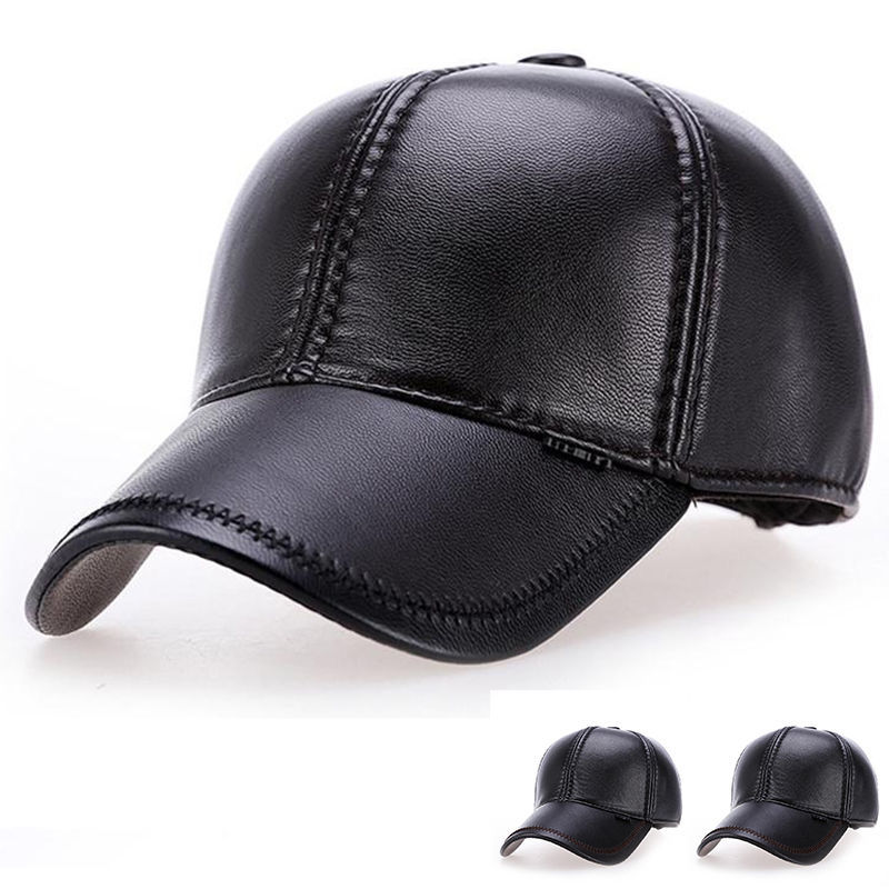 Leather middle-aged and elderly hats Men's flat cap cap cap with ear protection Autumn and winter outdoor warm casual