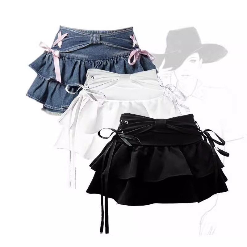 Women's Clothing Blue Denim Pleated Skirt Cake Skirt Ribbon Bow Design A Line Skirt Casual Short Skirt