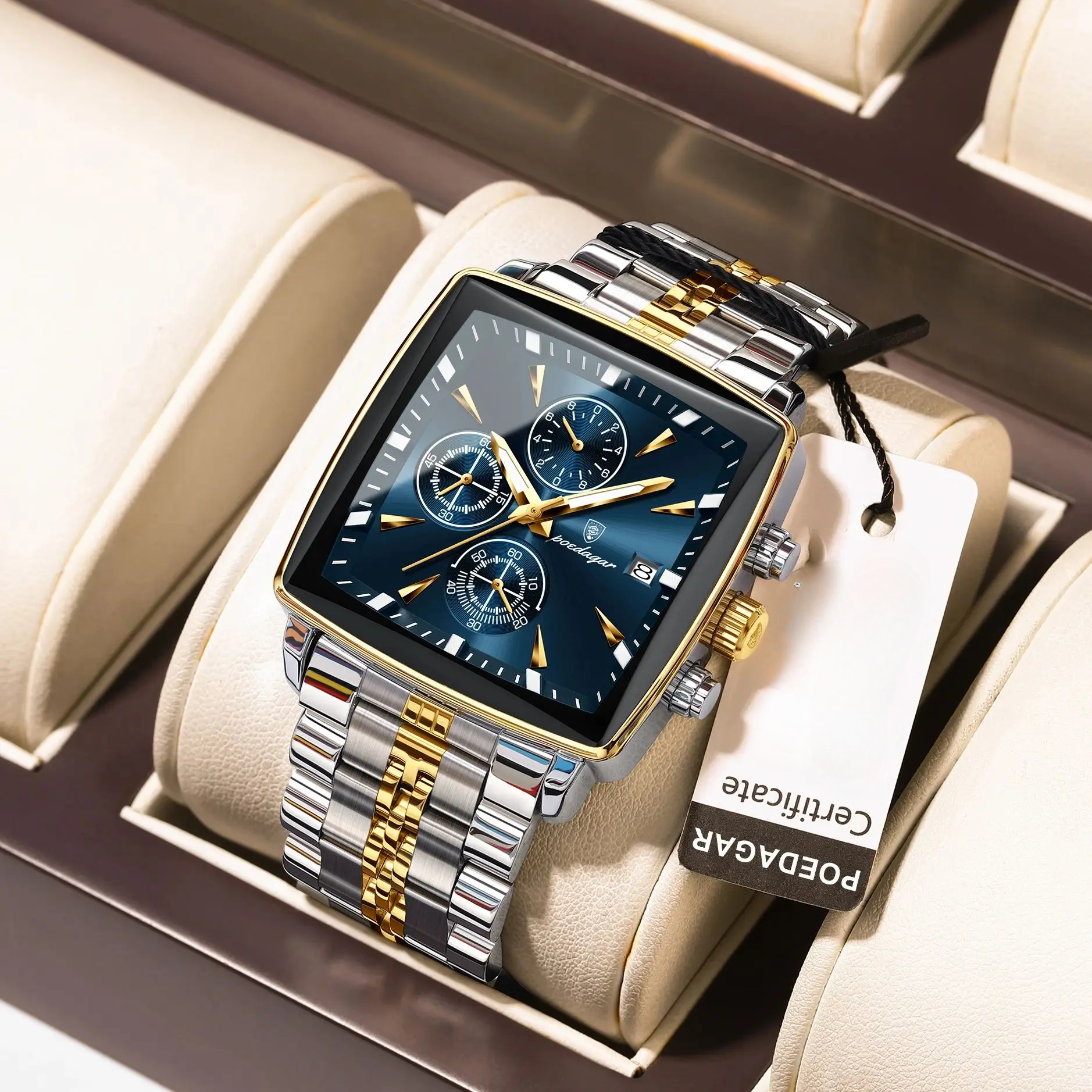 Mode Herrenuhr Leuchtende wasserdichte Chronograph Datum Mann Armbanduhr Quadrat Edelstahl Quarz Herrenuhren Reloj