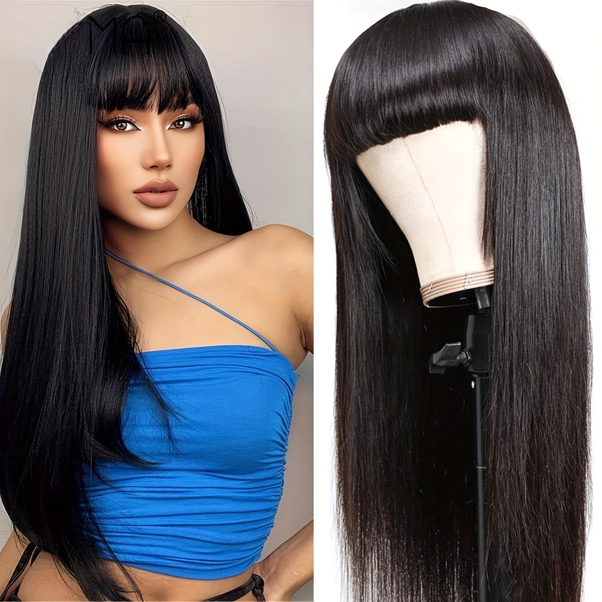 Human hair wig with full bangs Smooth straight hair 100% human hair natural color wig