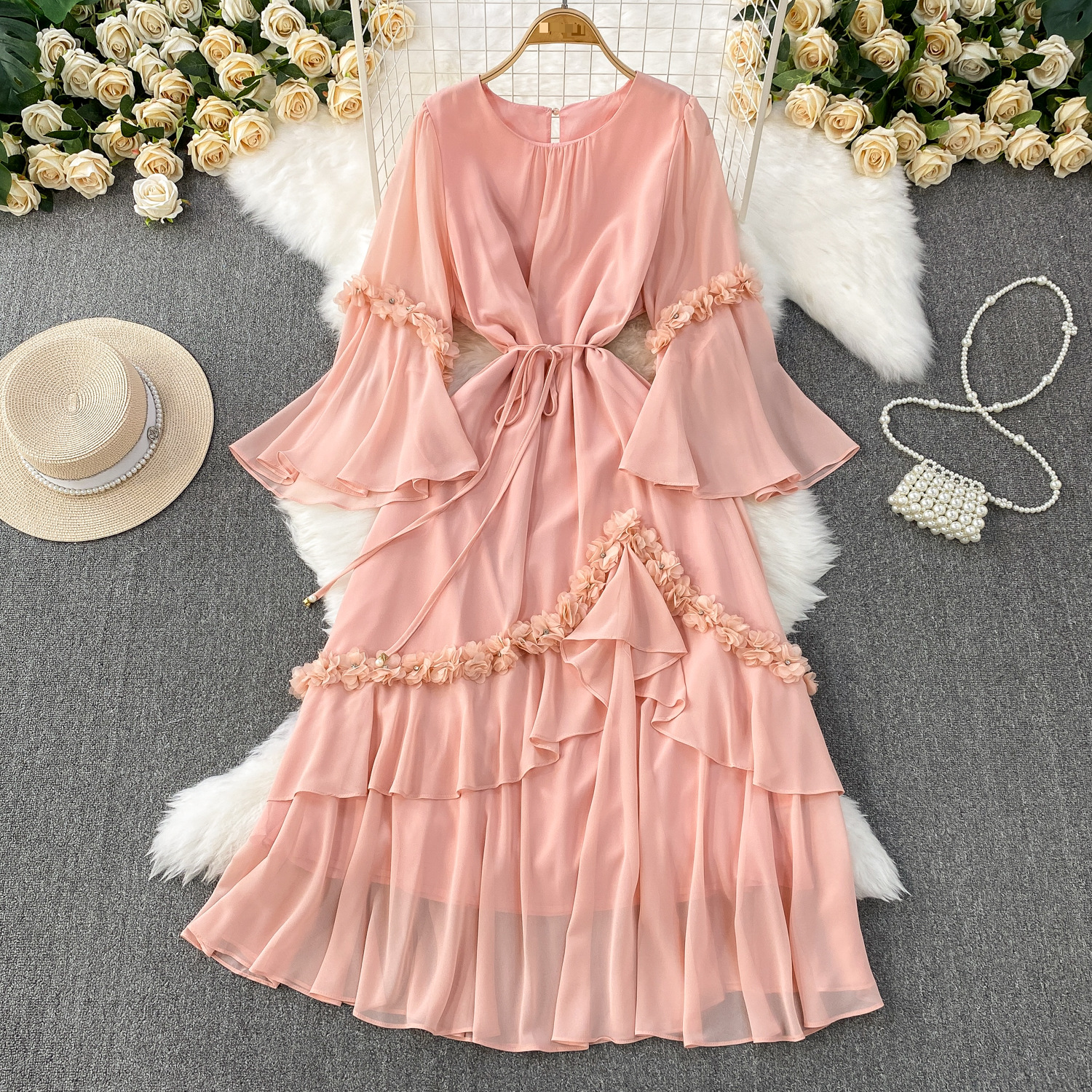 High Grade Temperament And Elegant Diamond Studded Three Dimensional Flower Trumpet Sleeve Dress For Women In Summer With Waist And Ruffled Long Skirt