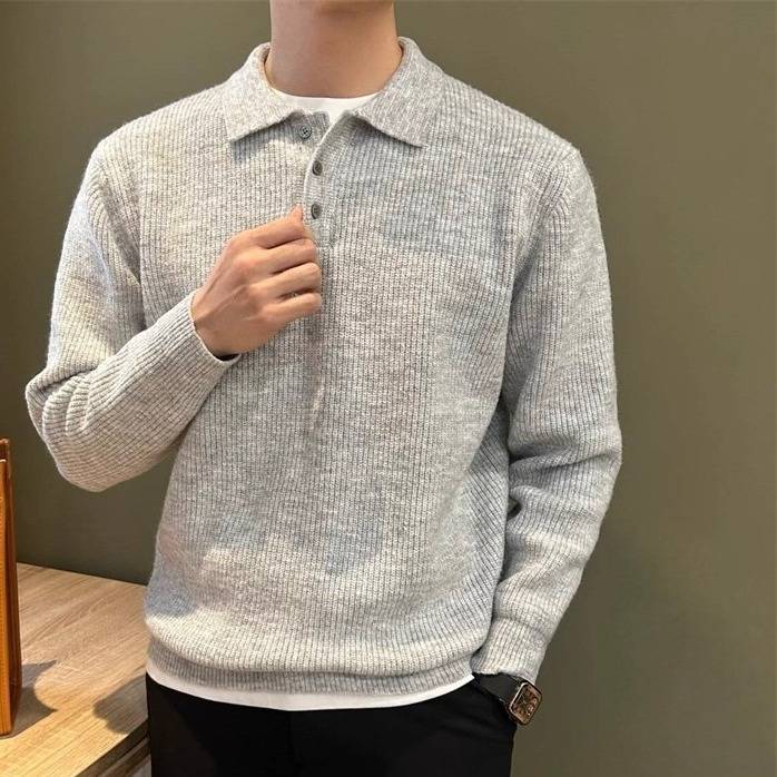 Minimalist Polo Knit Sweater - Men's Luxury Brushed Cotton Long Sleeve Pullover (Light Grey/Dark Grey) - Relaxed Fit Casual Wear For Spring & Autumn
