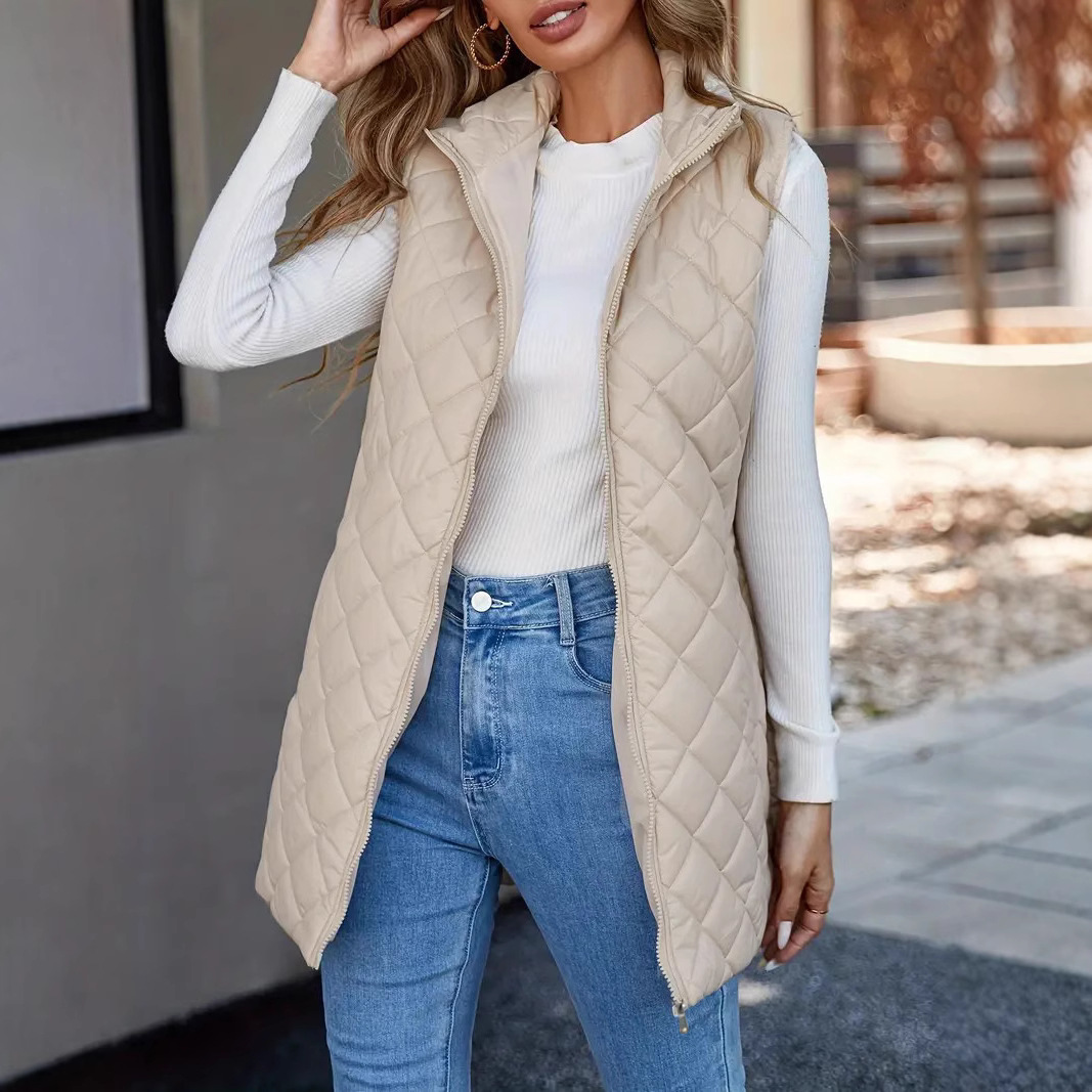 Damenbekleidung, dünn, warm, leicht, warm, gesteppter Westemantel mit Kapuze – lange ärmellose Jacke für lässige Outfits (Schwarz, Beige)