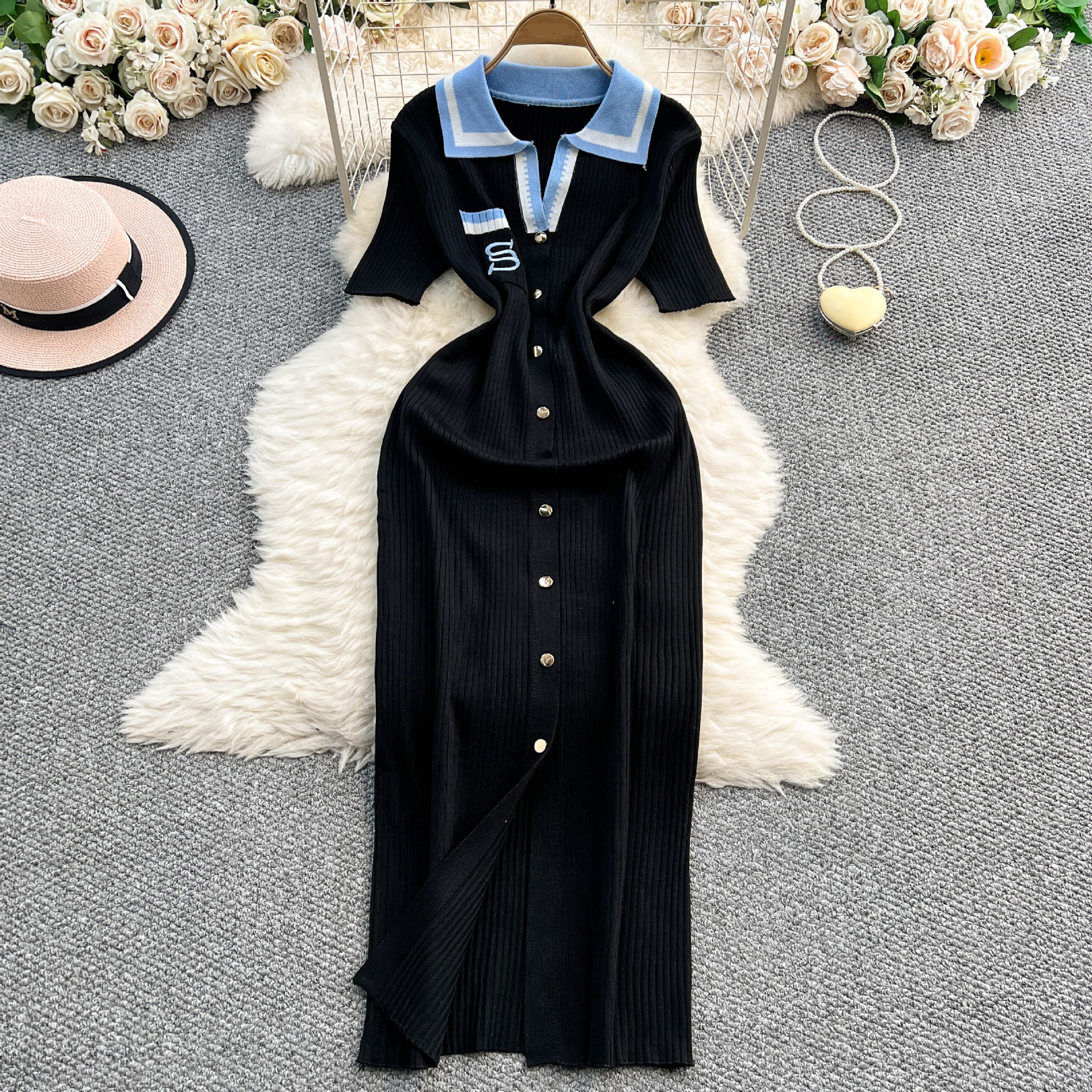 Women's Clothing Retro Small Chanel Style Dress Female Summer Design Contrast Color Embroidery Lapel Single Breasted Long Knitted