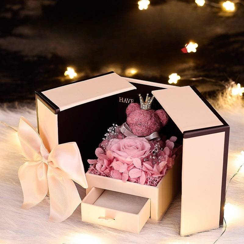 Rose Gift Box Pink Double Door Valentine's Day Everlasting Flower Jewelry Box Bear Everlasting Flower Gift Box
