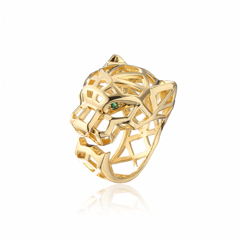 Fashion Punk Hollow Leopard Ring Size Adjustable Gold Plated Copper Inlaid Zircon Ring