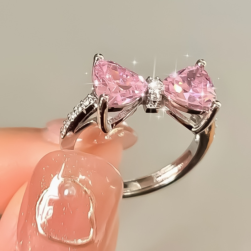 Pink zircon bow ring for women ins trendy niche design cold style index finger ring fashionable personalized ring