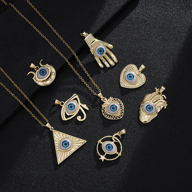 geometric retro evil eye pendant necklace women's all-match sweater chain clavicle chain copper plated real gold jewelry
