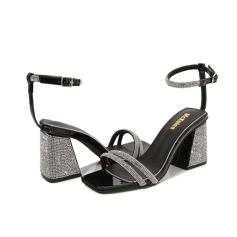 Plus-size high-heeled sandals Diamond rhinestone heels with thick heels square head open toe cool