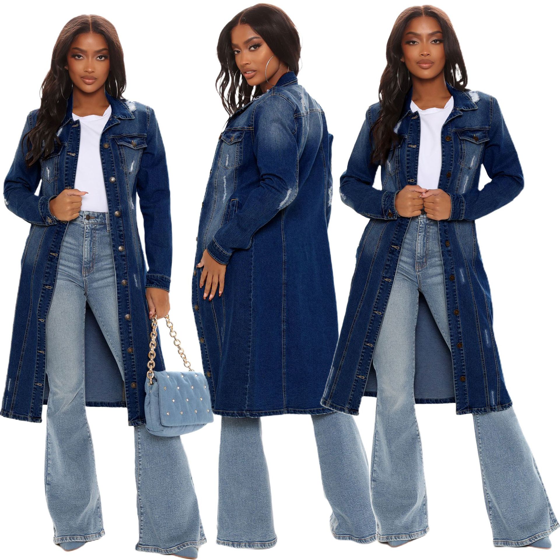 Fashion women's ripped long sleeve cowboy trench coat cardigan cowboy cape dress