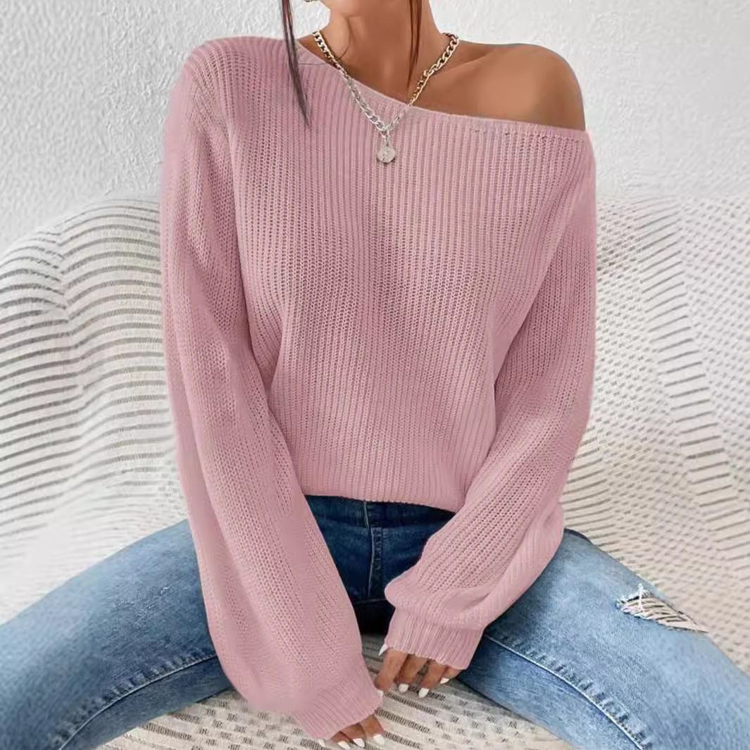 Commuter Style Autumn And Winter New Personality Off Shoulder Pullover Knitted Solid Color Loose Casual Versatile Pullover One Shoulder Neck Sweater