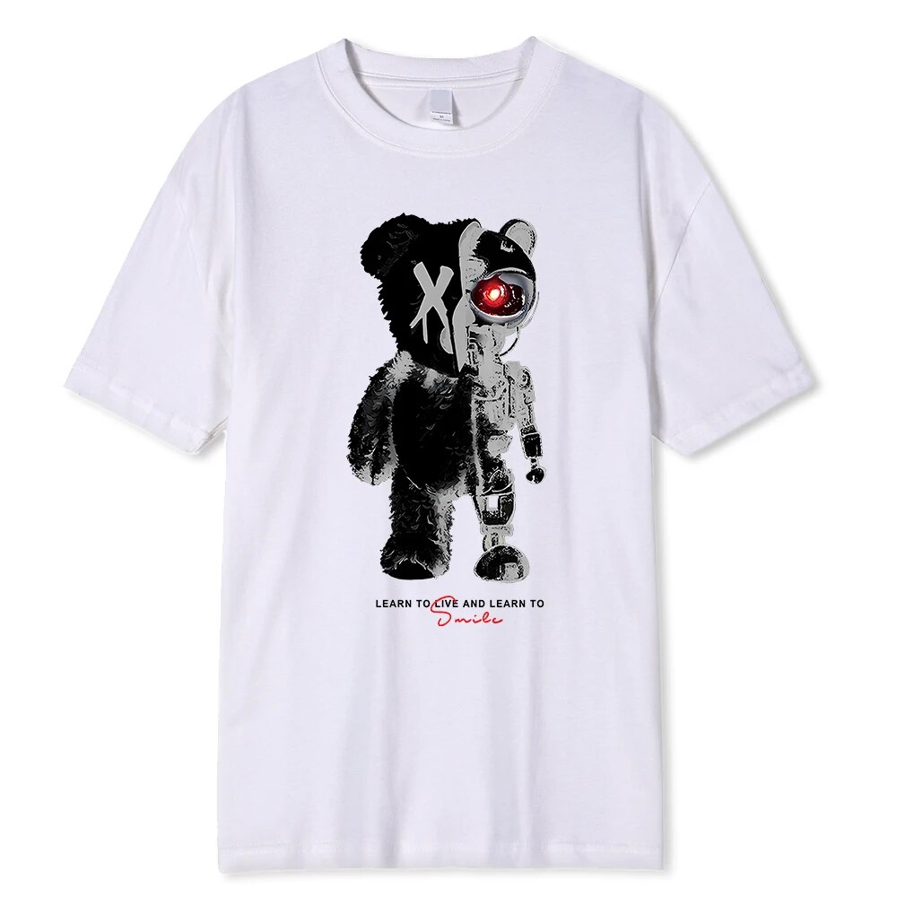 Teddy Bear, Half A Robotic Bear Printed Mens Tshirt Casual Cotton Summer Clothes Breathable Tops Loose Fashion T-Shirt
