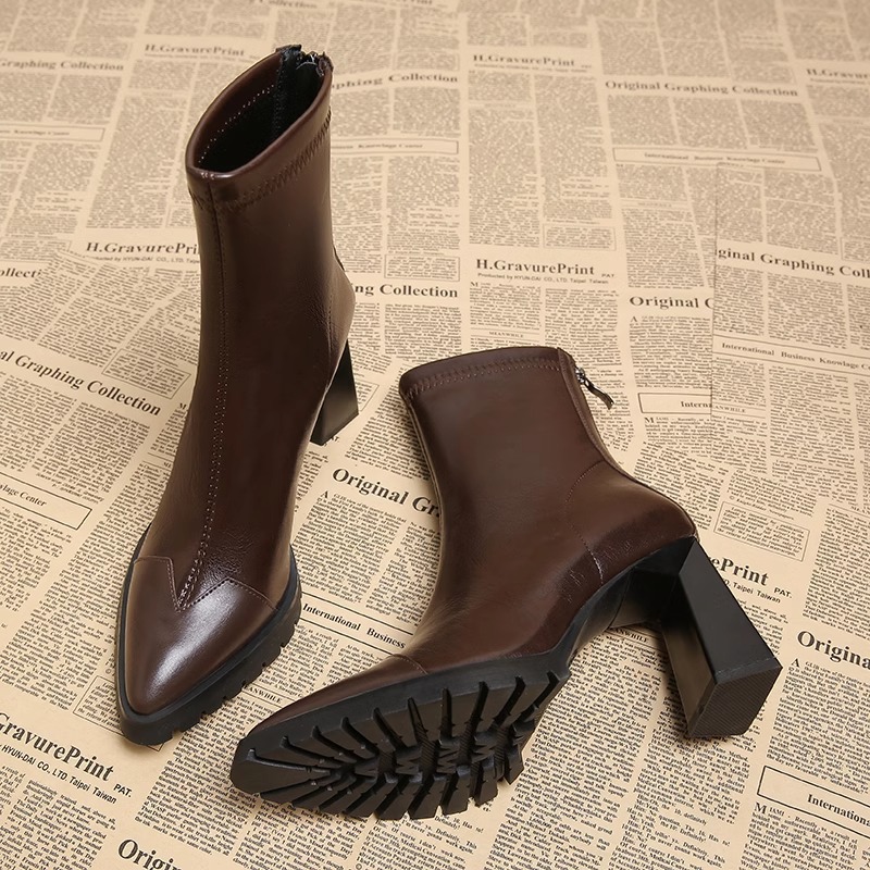 Women's Pointed Toe Ankle Boots With Chunky Heel - Stretchable French-Inspired Slim Boots For Fall & Winter Petite Slim Boots, Stretchy Martin Boots