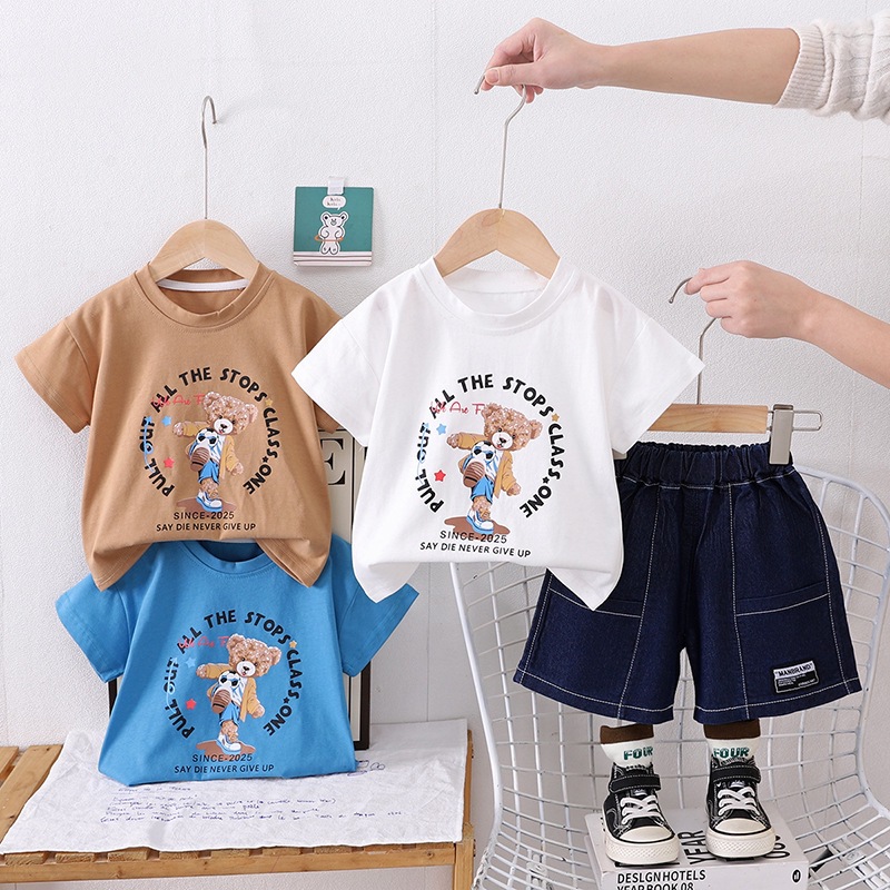 2025 Summer New Cartoon Round Neck Short Sleeve Set, Boys' Baby Casual Cowboy Shorts Two Piece Set