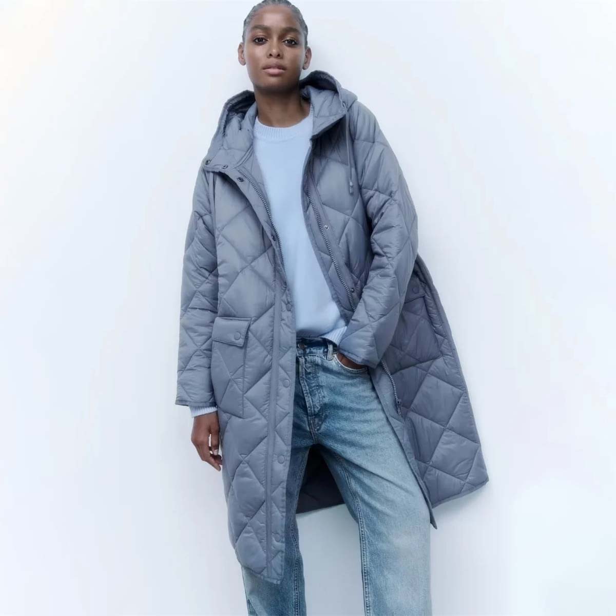 Women's long version of diamond mesh hooded cotton jacket fashion casual silhouette loose cotton jacket