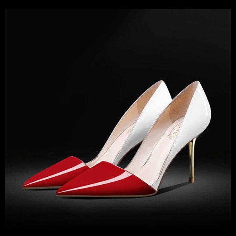 32-45 size one-woman color blocking pointed high heels, shallow cut 2024 new season temperament slim heel shoes, women's