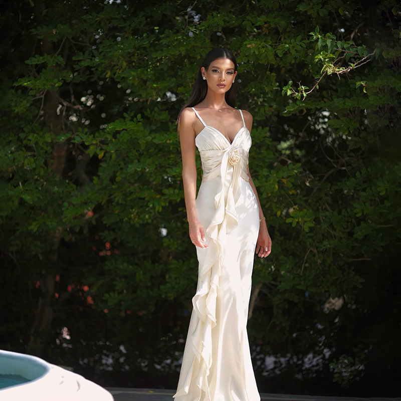 Women's Clothing Autumn New Long Skirt Fashion Temperament Slim Fit Flower Ribbon Satin Suspender Dress Female