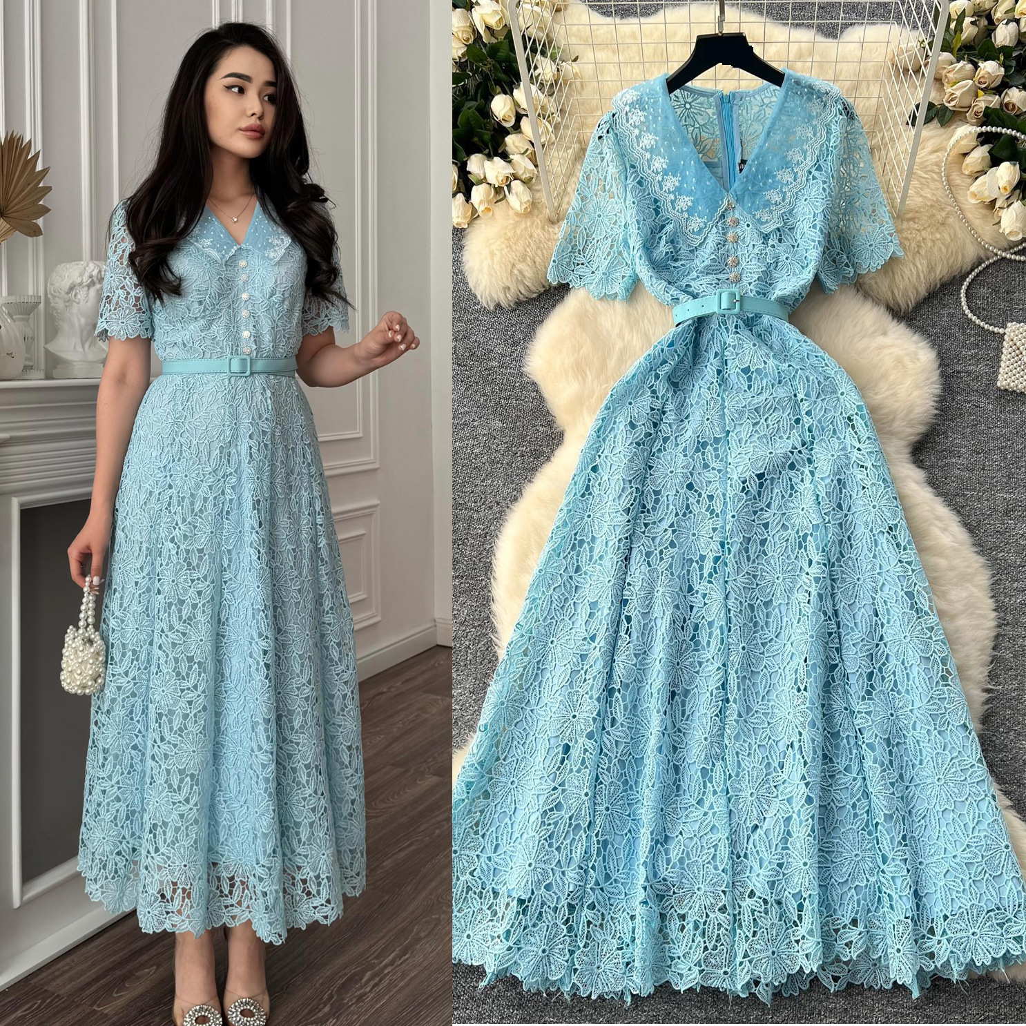 Women's Clothing High End Sweet Doll Collar Short Sleeve Waist Slim Long Lace Dress