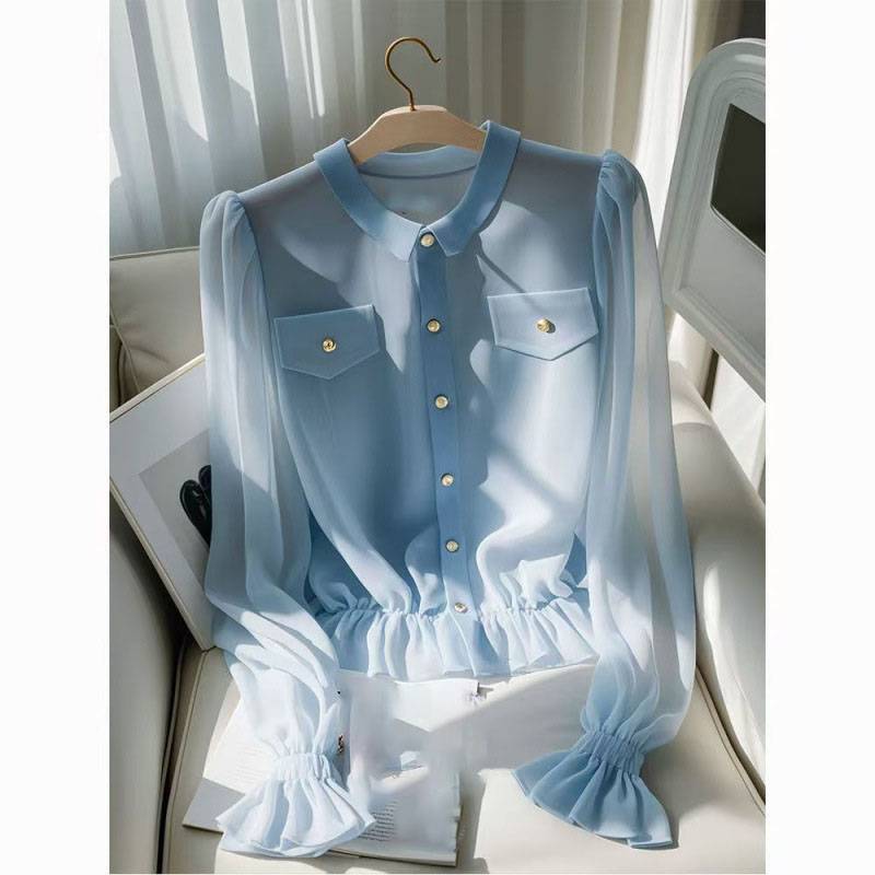 Women's Clothing Fashion Light Mature Style Lady Thin Design Wood Ear Edge Trumpet Sleeve Loose Shirt