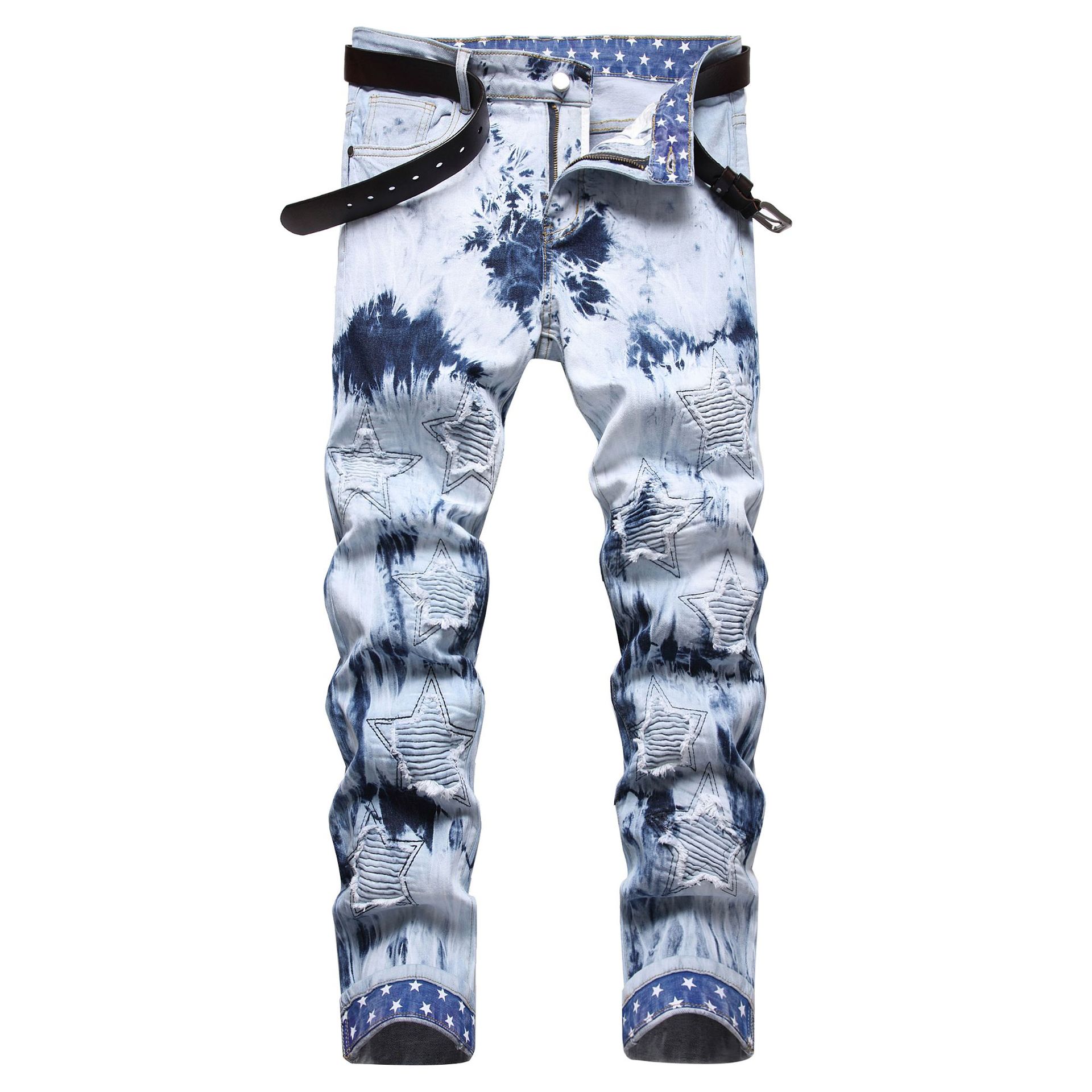 Men's Clothing [UrbanRebel] Men's Tie-Dye Jeans - Embroidered Cuff Detail | Stretch Streetwear Pants