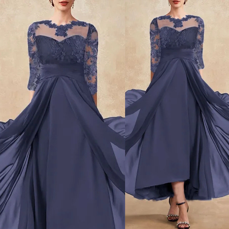 Damenbekleidung Kleid Chiffon Spleißen Spitze Hohl Langer Rock Brautjungfer Abendkleid Damenbekleidung