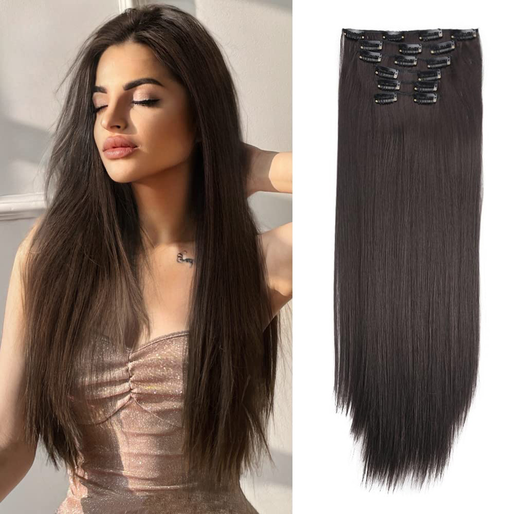 European and American women's 6-piece clip hair extensions 16-card long straight hair seamless hair extensions wig piece