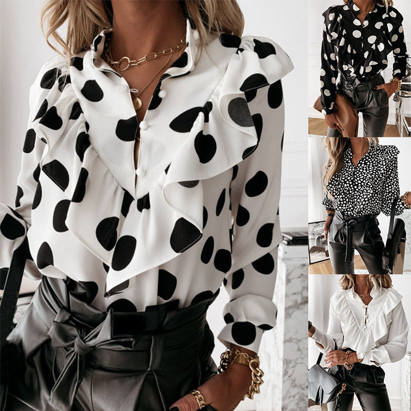 Women's Clothing Long Sleeve Ruffled Edge V-neck Pullover Button-up Shirt