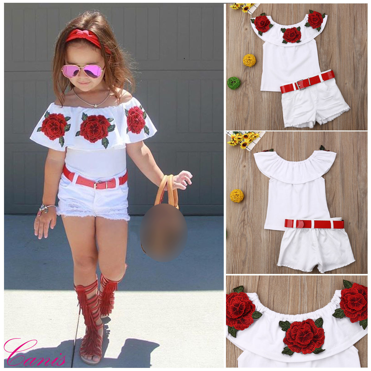 Mother & Kids Children's Clothing Wholesale Girls Summer Short-sleeved Floral Tops T-shirt Denim Shorts Belt Three-piece Set One Piece Drop Shipping