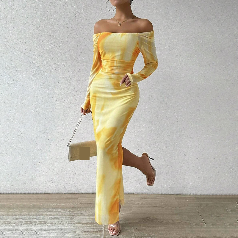 Südostasiatische Damenbekleidung Mesh Flower One Shoulder Langarm Schlitzkleid Schlank und sexy