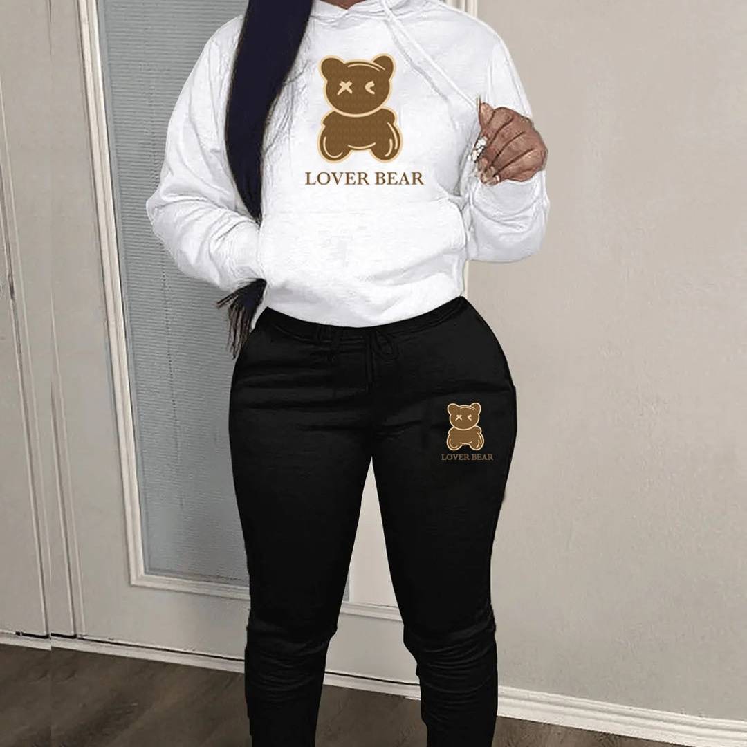 Women's Clothing suit hooded sweatshirt and sweatpants color matching bear print suit