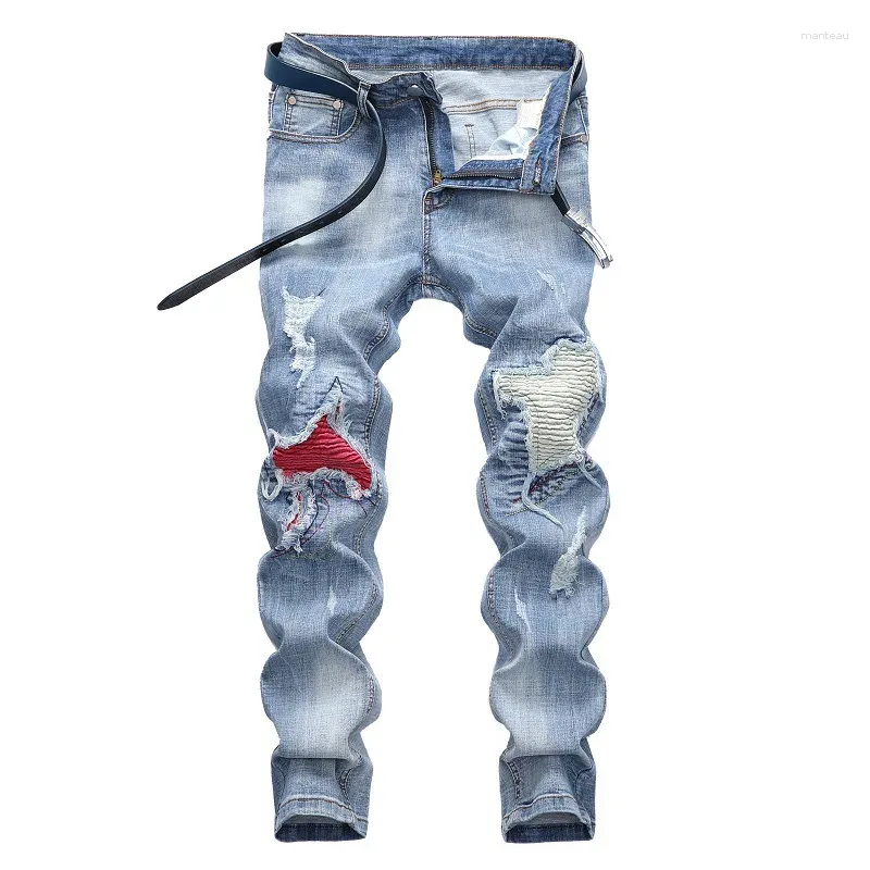 Men's Jeans Personalized Ripped Light Blue Streetwear Stretch Straight Slim Fit Casual Motorcycle Denim Trousers Male