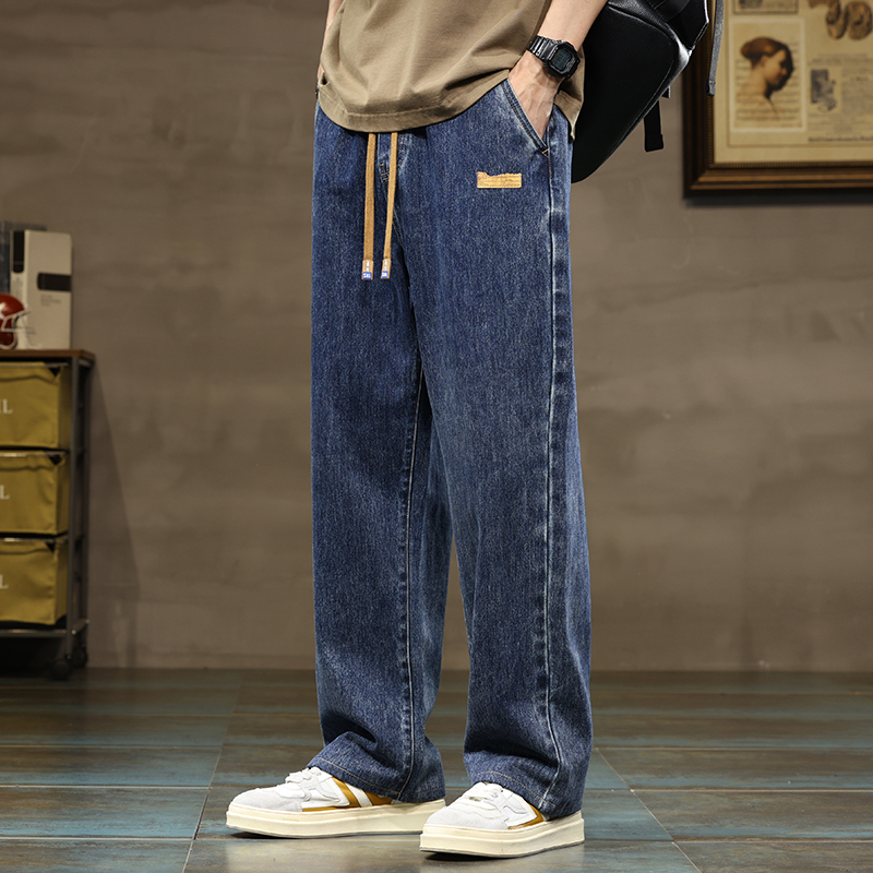 Men Straight Leg Blue Gray Loose Y2K Drawstring Jeans Streetwear Casual Wide Denim Male Baggy Stiolle Haruku Pants