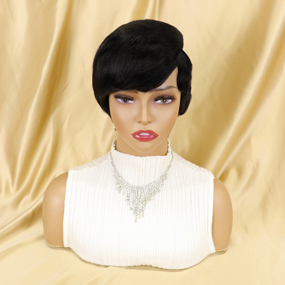 6-inch short machine-made human hair wig with rose net, side-parted bangs, high crown, color matching, straight hair, slightly curly hair