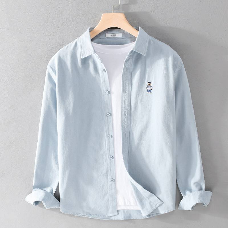Men's Clothing Spring And Autumn Casual Cotton Long-sleeved Shirt Versatile Bear Embroidery Trendy Loose Shirt