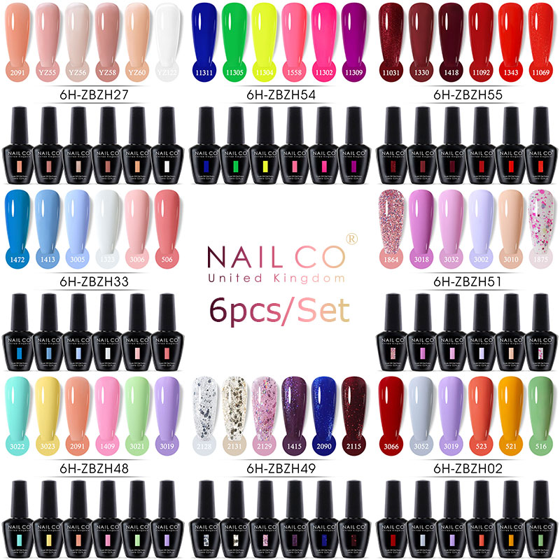 NAILCO 15ml 6 Colors Gel Nail Polish Set Semi Permanent UV LED Gel Varnishes Soak Off Nail Lacquer Base Top Gel Nail Art Varnish