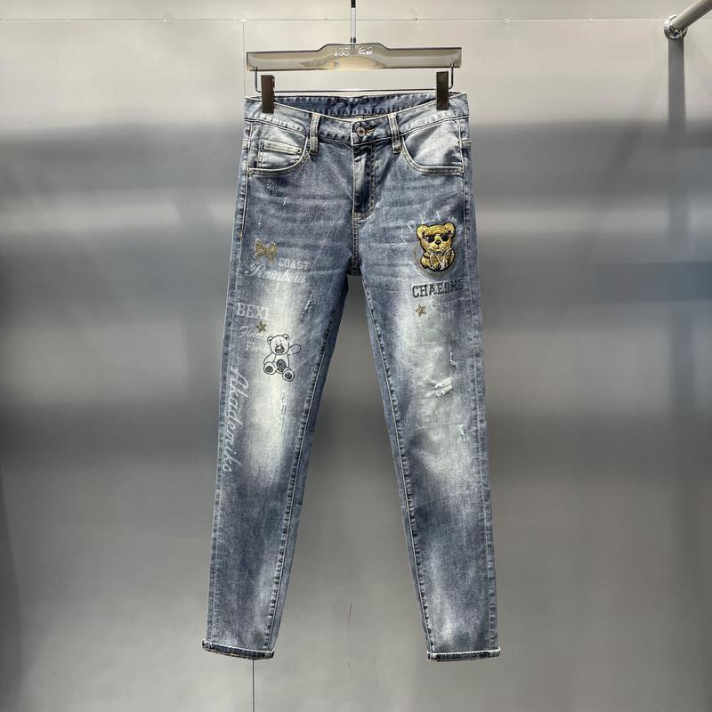 Men's clothing trendy light blue thin jeans for men spring new arrival bear embroidery hot diamond fashion slim trousers