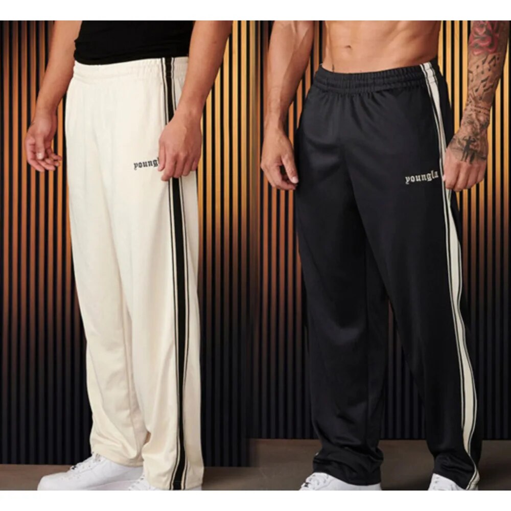 men's  sports pants Black white ribbon splicing casual striped embroidered street fitness youth straight leg