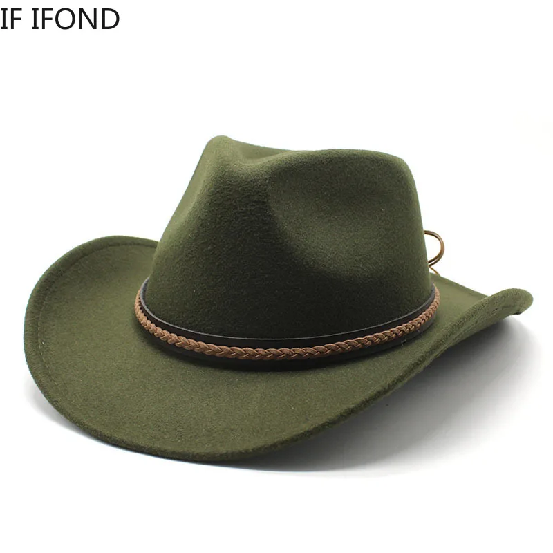 Fashion Winter Roll Up Brim Western Cowboy Hat With Leather Retro Gentleman Lady Jazz Cowgirl Cap Church Sombrero Caps