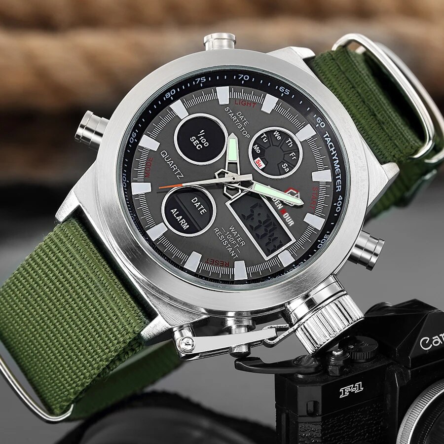 Men Sports Watches with Nylon Strap Digital Analog Watch Army Military Waterproof Male LED Chronographs as watches