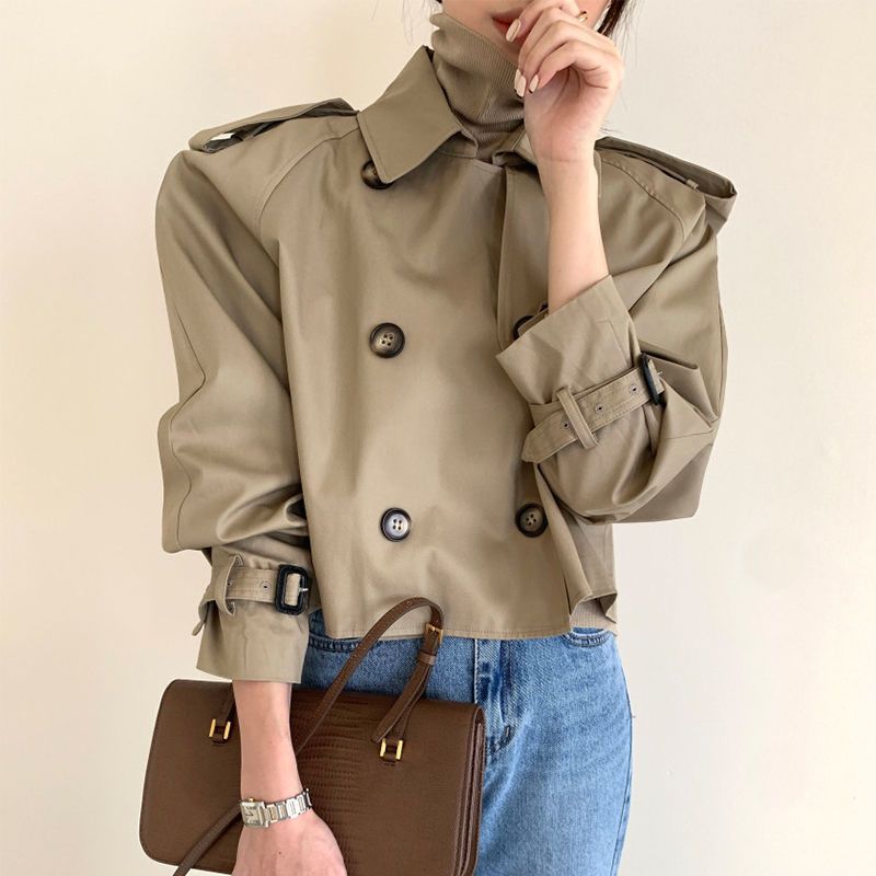Women's Clothing Retro Lapel Design Double Breasted Loose Versatile Long Sleeved Short Windbreaker Jacket