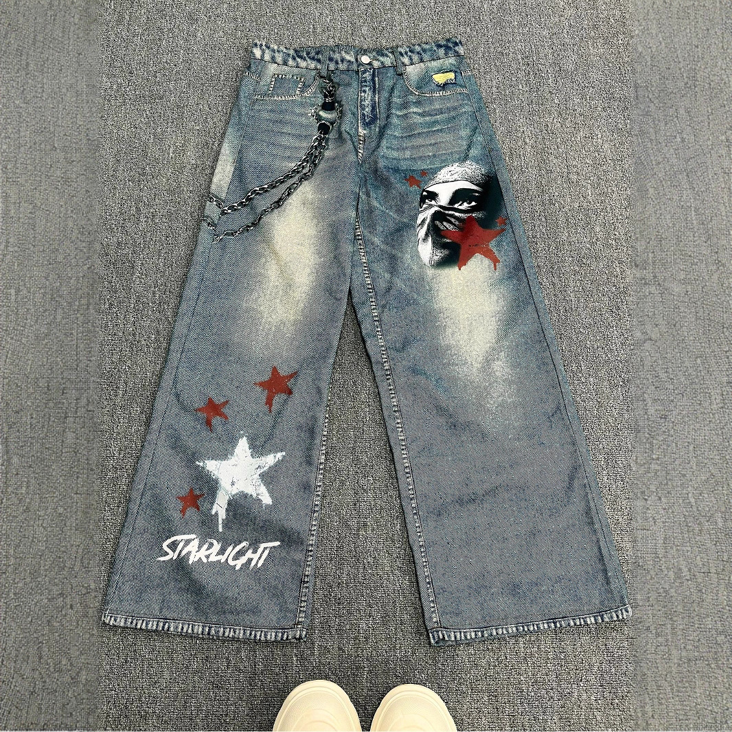 Bedruckte Herrenjeans, amerikanische Trendmarke, weites Bein, gerade, geeignet für die tägliche Freizeit, 2810