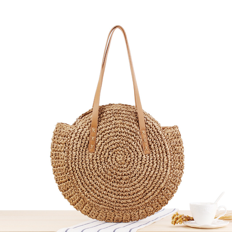 Fashion simple round single shoulder straw bag braided bag braided bag beach bag fashion women bag straw bag
