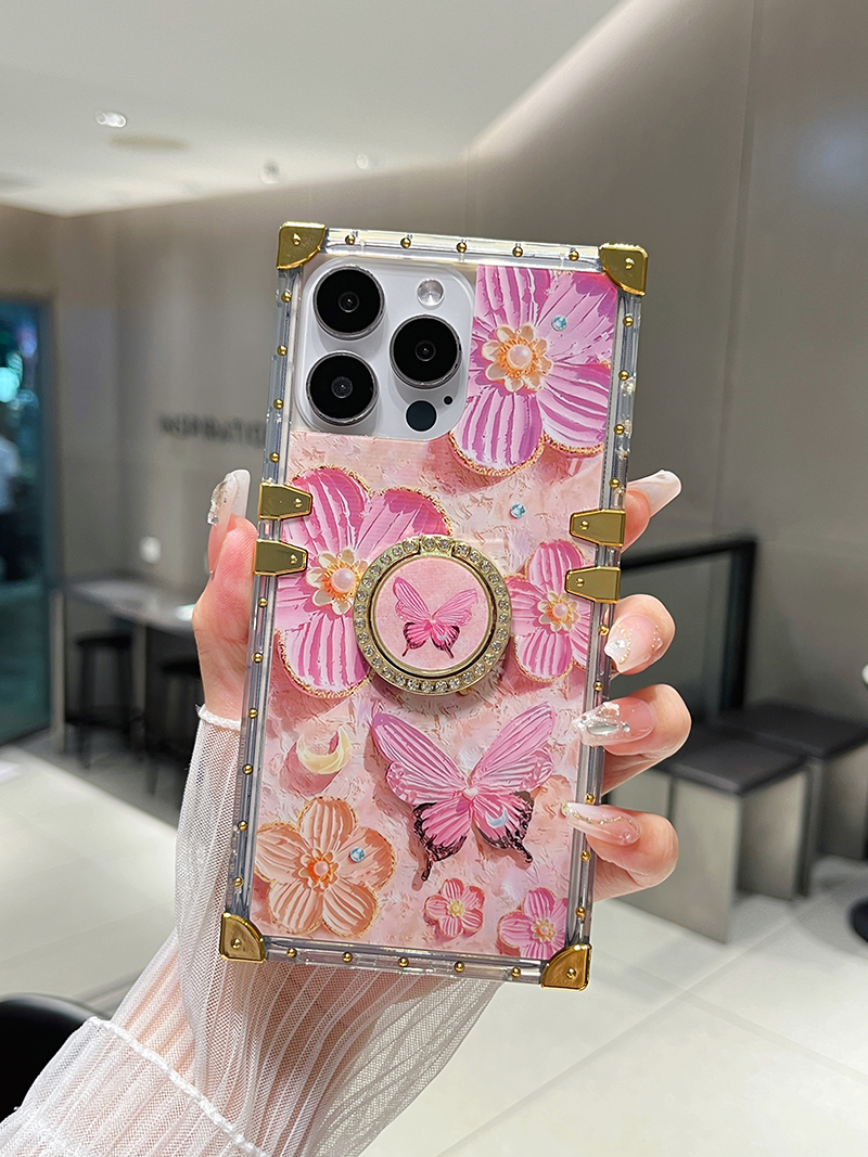 3D Oil Painting Butterfly Flowers Case for iPhone 16 15 Pro Max 14 13 12 11 Finger Ring Stand Protective Funda 14 Pro 13 Pro