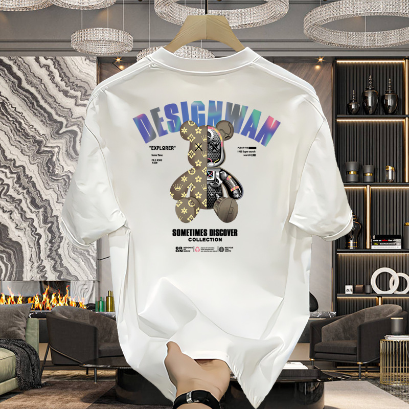 Men's Clothing Summer Cotton Trendy Teddy Bear Printed Short T shirt Men's Casual Loose All match Trendy Couple Outfit Half Sleeve Top