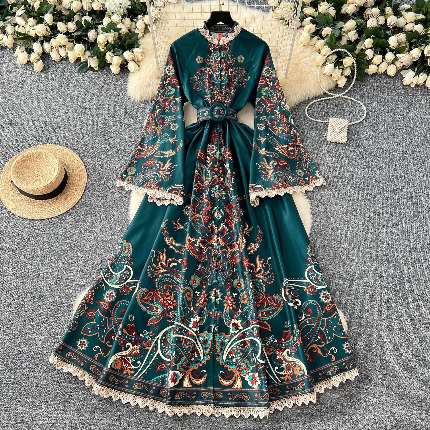 Women's Clothing Palace Style Retro Stand Collar Single Breasted Trumpet Sleeve Long Lace Dress Female